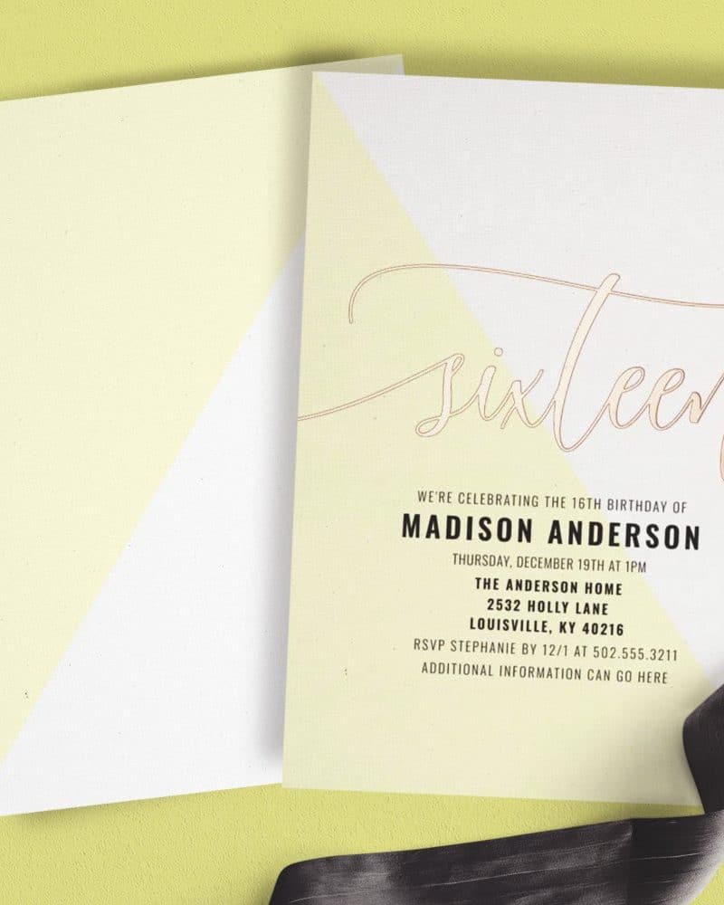 Sweet sixteen birthday invitation with pale yellow and white design.