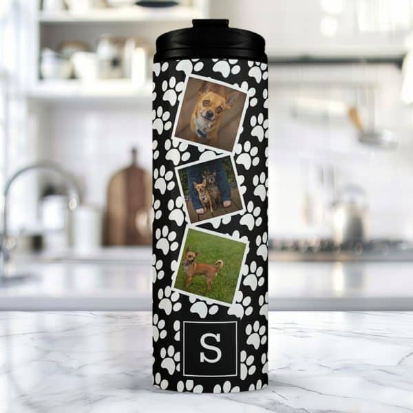 Travel Mug With Black Paw Print Design, Featuring Three Photos Of Small Dogs And A Monogram.