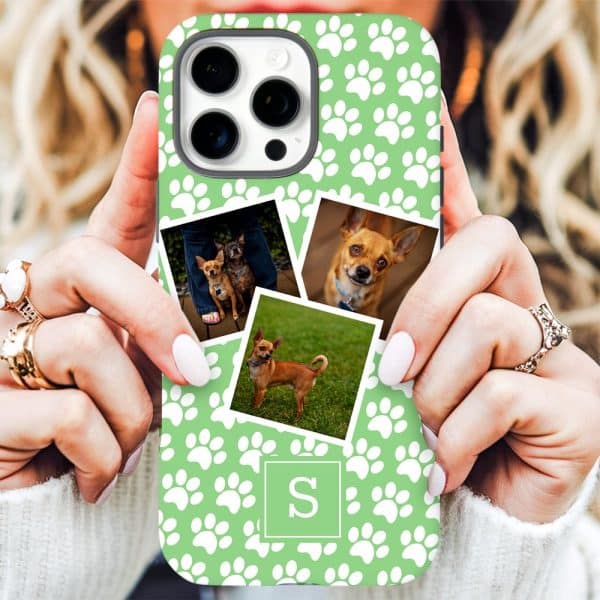 A Light Green Phone Case With White Paw Prints And Photos Of Small Dogs; A Monogrammed S Is In The Center.
