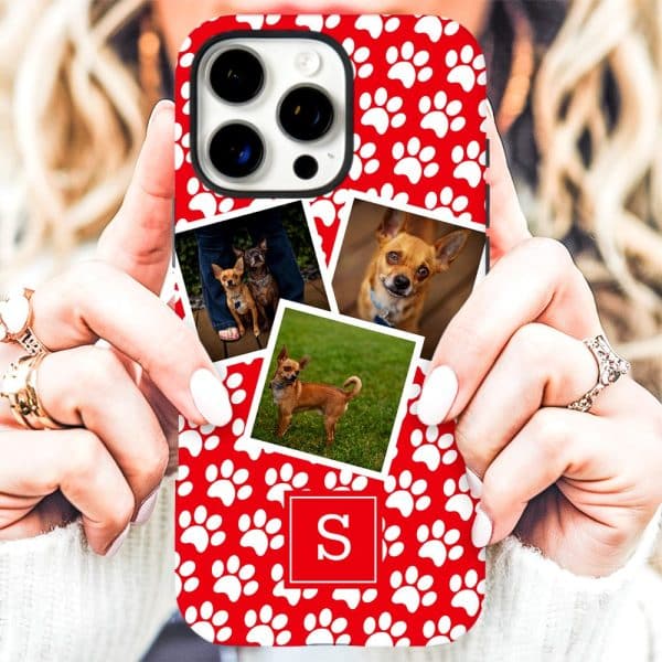 A Red Phone Case With White Paw Prints, Featuring Multiple Photos Of Small Dogs And A Monogrammed Initial S, Held By A Person.