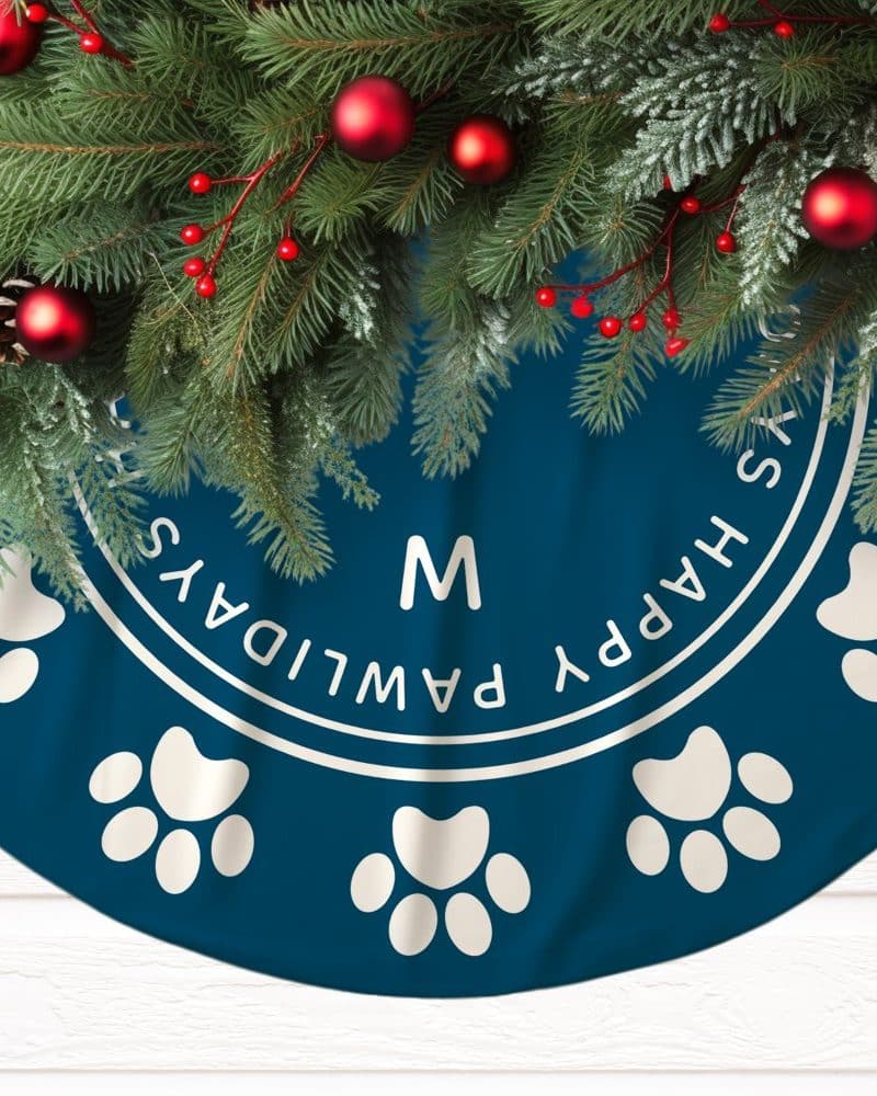 Teal Christmas tree skirt with paw prints and the words Happy Pawlidays, and the initial M.