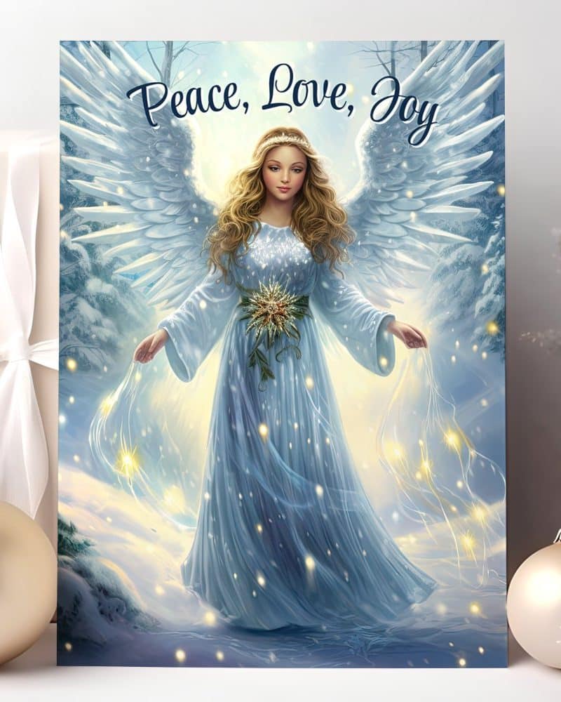 A light blue angel with large wings stands in a snowy winter scene, surrounded by sparkling lights. The words Peace, Love, Joy are at the top.