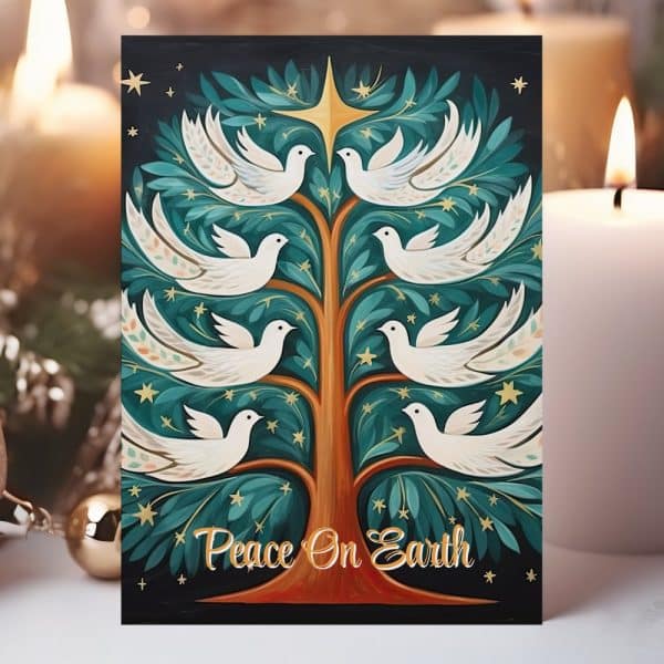 Christmas Card Depicting A Stylized Tree With White Doves And The Words Peace On Earth.