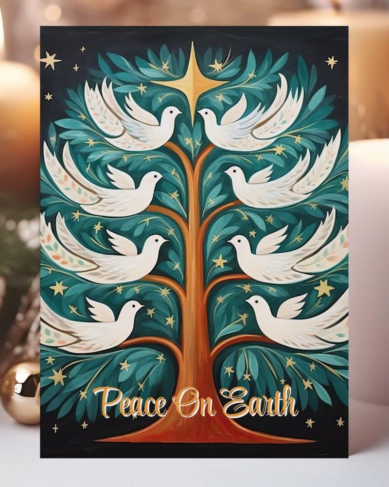 Christmas card depicting a stylized tree with white doves and the words Peace on Earth.