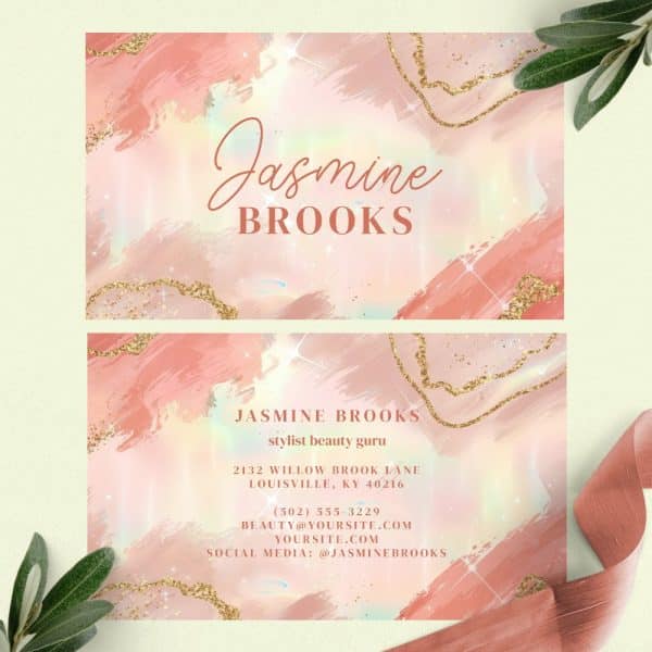 Business Card For Jasmine Brooks, Stylist Beauty Guru, Featuring A Peach And Gold Abstract Design.