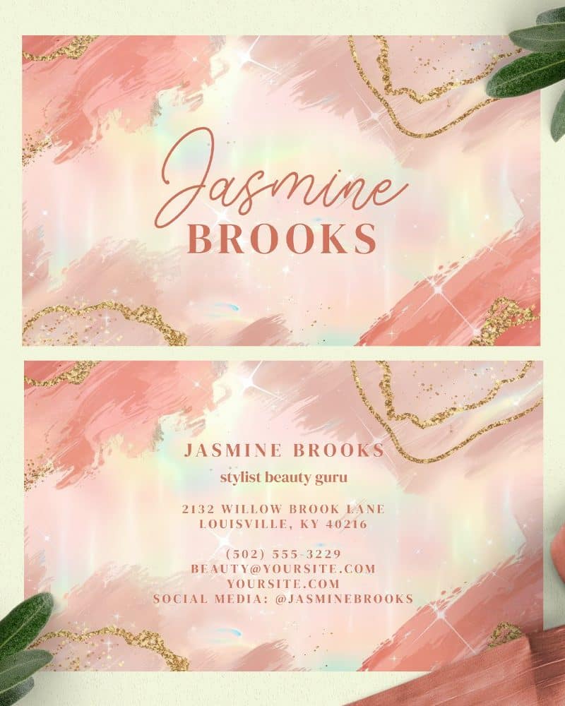 Business card for Jasmine Brooks, stylist beauty guru, featuring a peach and gold abstract design.