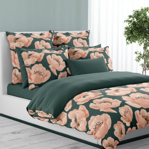 Dark Teal Duvet Cover And Pillow Shams With A Pattern Of Peach Colored Poppies.