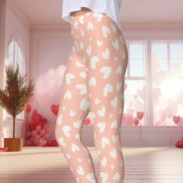 Peach-Colored Leggings Adorned With A Pattern Of Off-White Hearts.