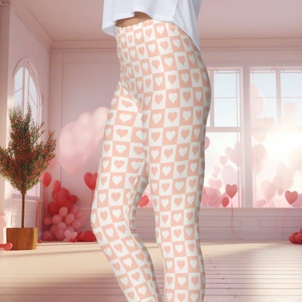 Peach Leggings With A White Checkered Pattern Of Hearts.
