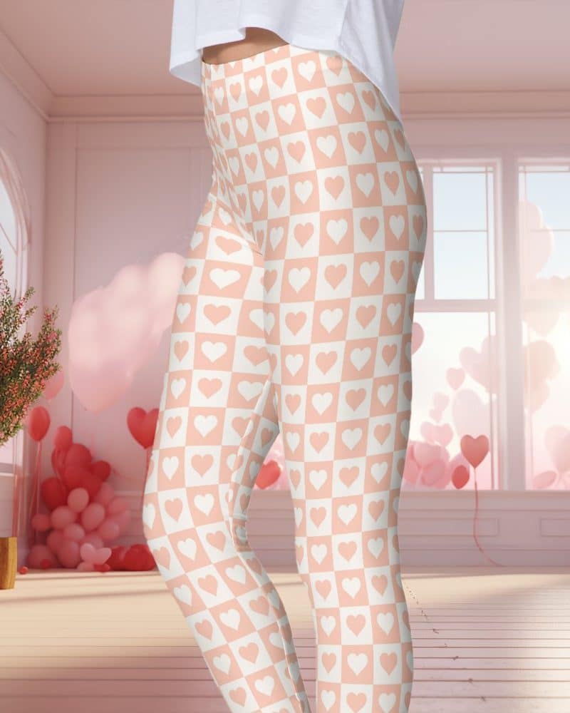 Peach leggings with a white checkered pattern of hearts.