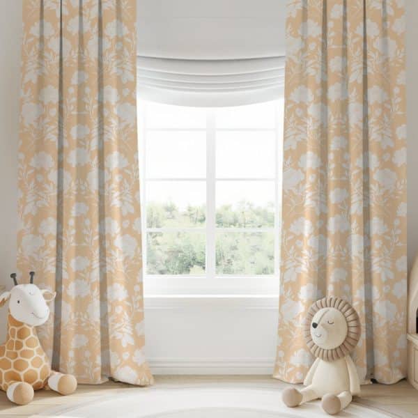 Beige Curtains With A White Floral Pattern Hang On A Window.