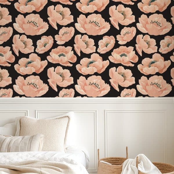 Peach-Colored Floral Wallpaper On A Black Background.
