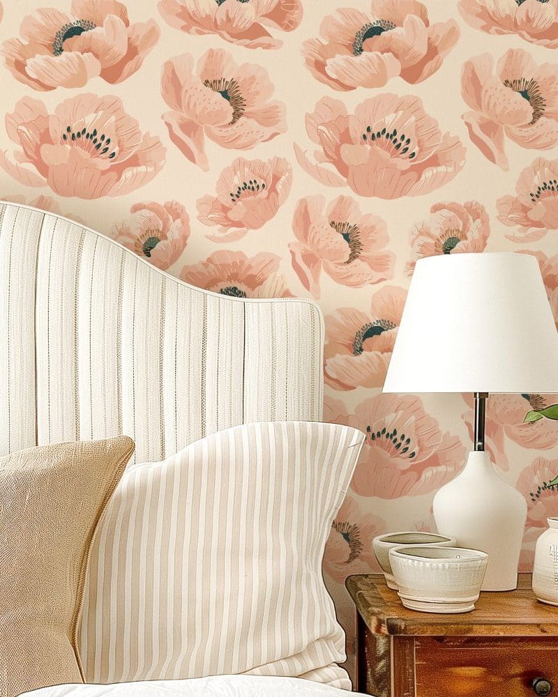 A bed with a striped headboard and pillows sits against a wall covered in a peach-colored poppy floral wallpaper.