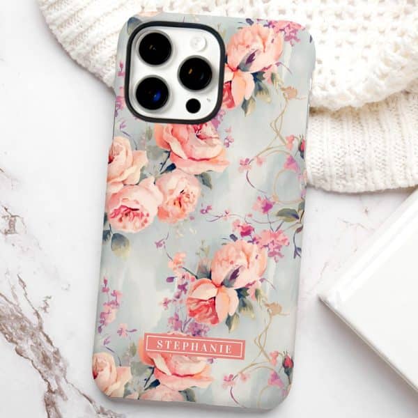 Iphone Case With A Light Blue Floral Design And The Name Stephanie.
