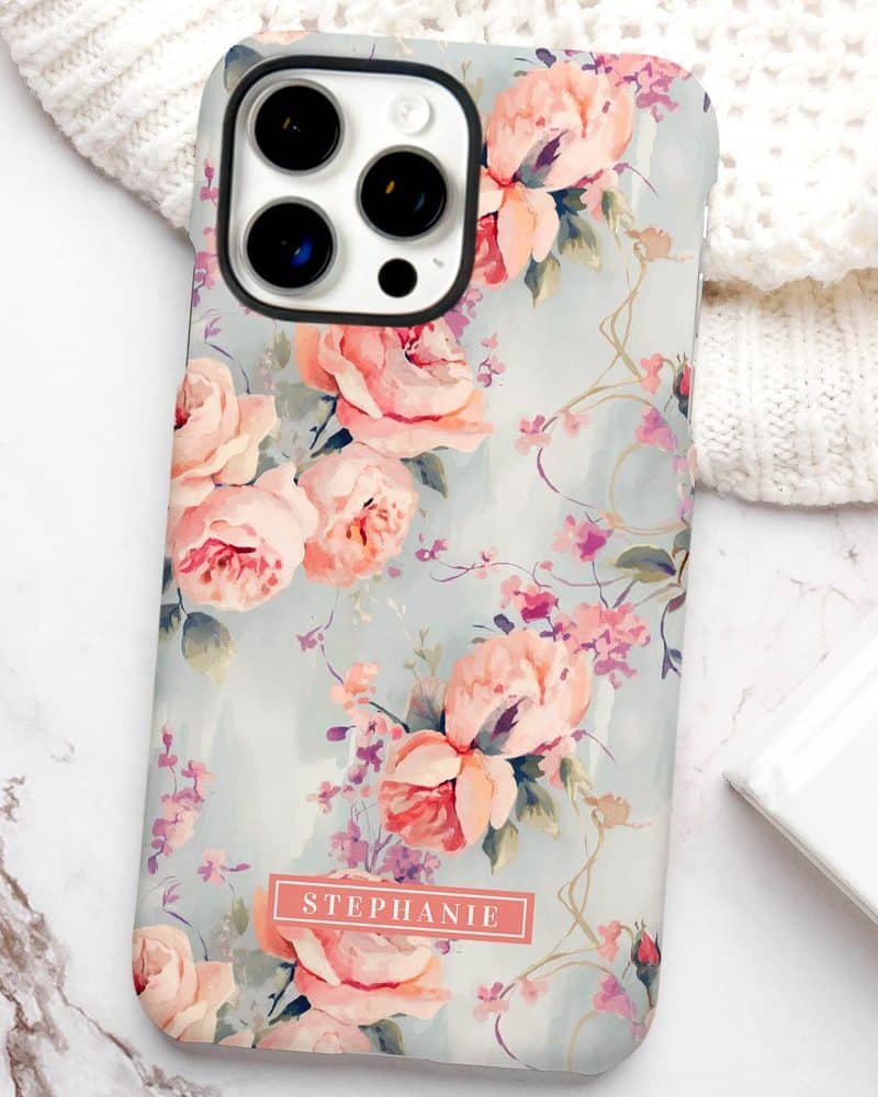 iPhone case with a light blue floral design and the name Stephanie.