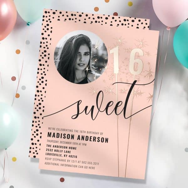 Pink And Black Sweet Sixteen Birthday Invitation Featuring A Photo Of The Birthday Girl And The Number Sixteen With Sparklers.