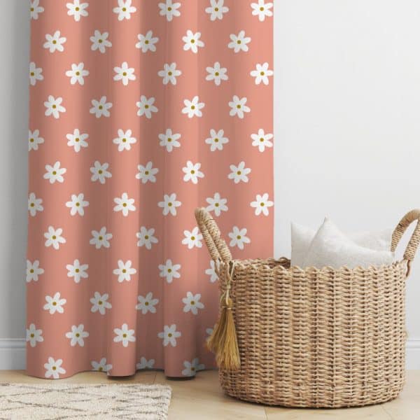 Peach Curtain With A Repeating Pattern Of White Daisies.
