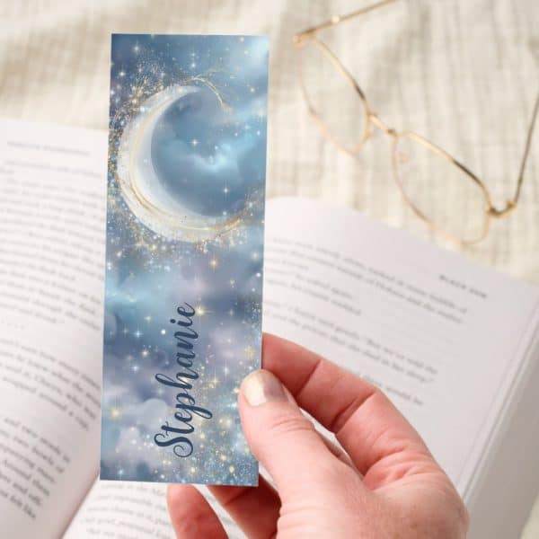 Pearl White Crescent Moon Stars Glitter Bookmarks