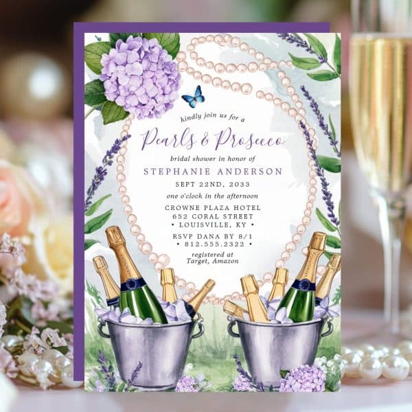 Bridal Shower Invitation Featuring Pearls, Hydrangeas, And Champagne In Ice Buckets.