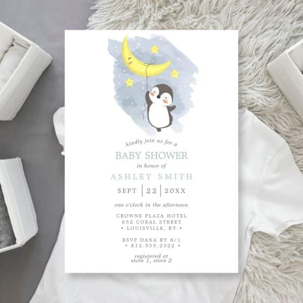 Baby Shower Invitation Featuring A Cartoon Penguin Holding A Crescent Moon.