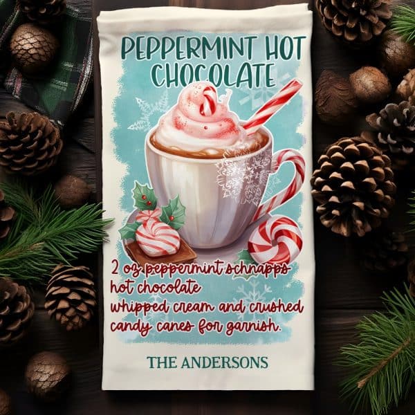 Tea Towel Design Featuring A Mug Of Peppermint Hot Chocolate Topped With Whipped Cream And Candy Canes.