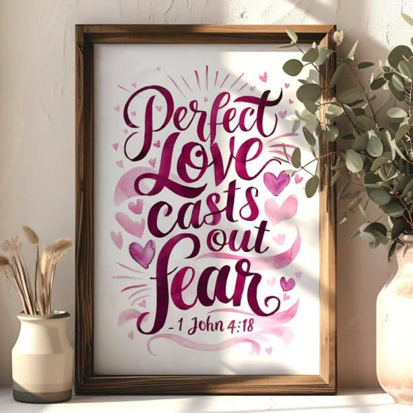 Framed Watercolor Art With The Text Perfect Love Casts Out Fear, And The Bible Verse 1 John 4:18.