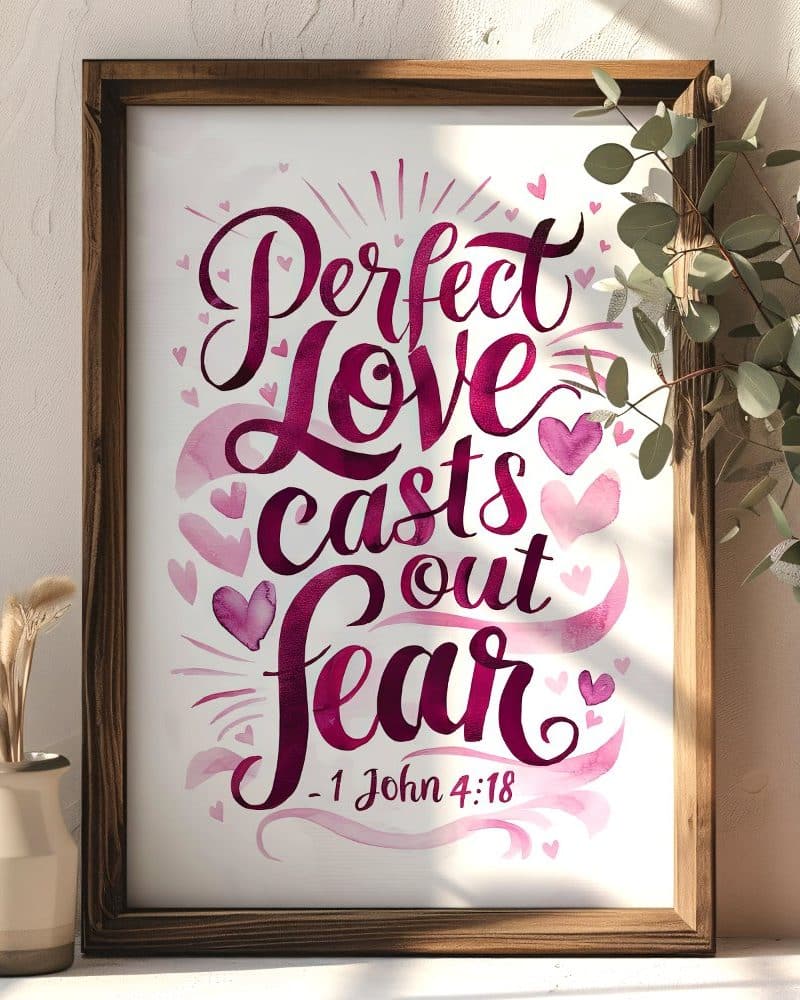 Framed watercolor art with the text Perfect Love casts out fear, and the bible verse 1 John 4:18.