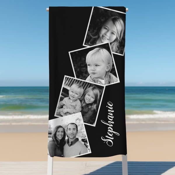 Black Beach Towel With A Collage Of Black And White Family Photos And The Name Stephanie.