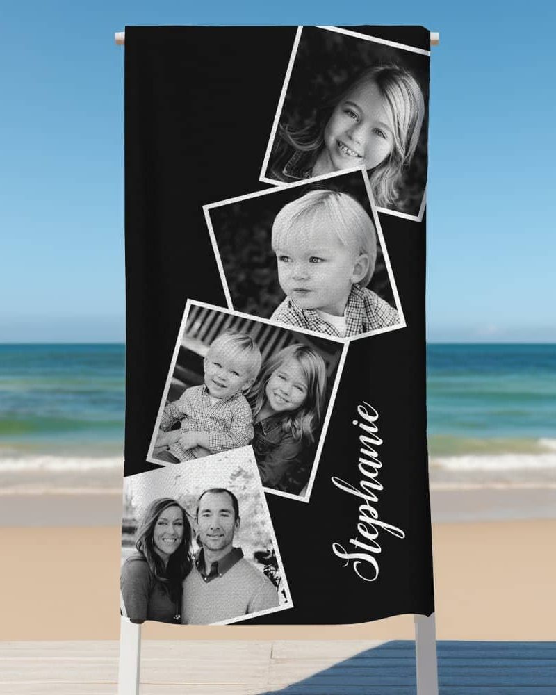 Black beach towel with a collage of black and white family photos and the name Stephanie.