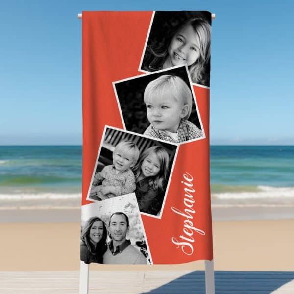 An Orange Beach Towel With Black And White Photos Of A Family, Including Children And Parents, And The Name Stephanie.