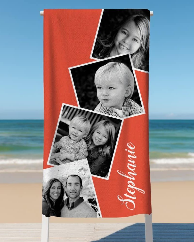 An orange beach towel with black and white photos of a family, including children and parents, and the name Stephanie.