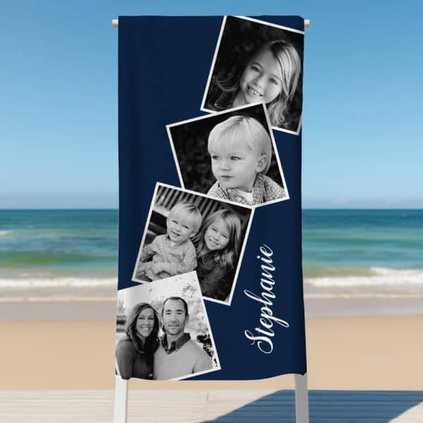 A Navy Blue Beach Towel With A Collage Of Black And White Family Photos And The Name Stephanie.