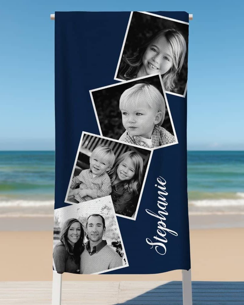 A navy blue beach towel with a collage of black and white family photos and the name Stephanie.