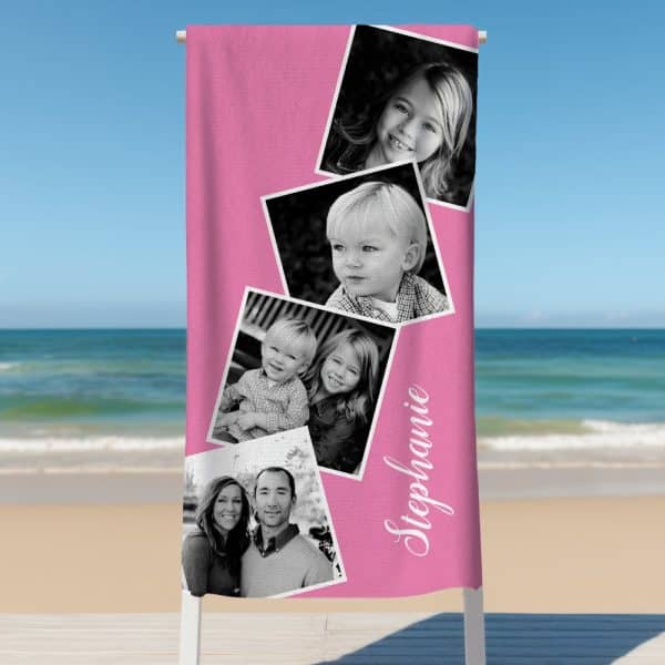 Pink Beach Towel With A Collage Of Black And White Family Photos And The Name Stephanie.