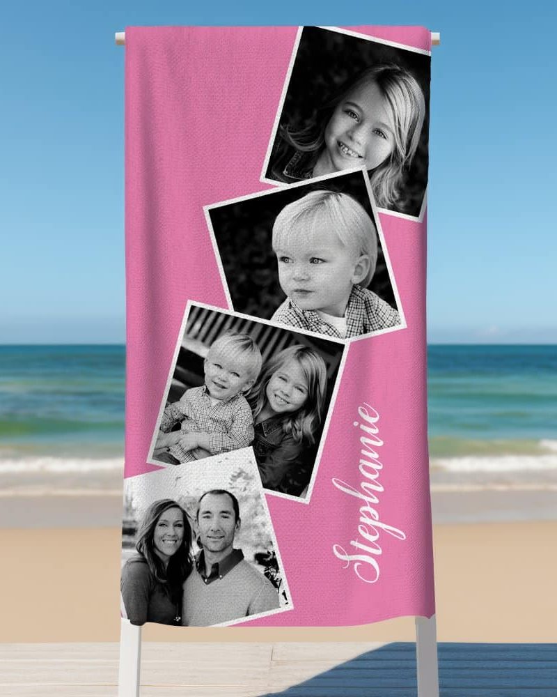 Pink beach towel with a collage of black and white family photos and the name Stephanie.