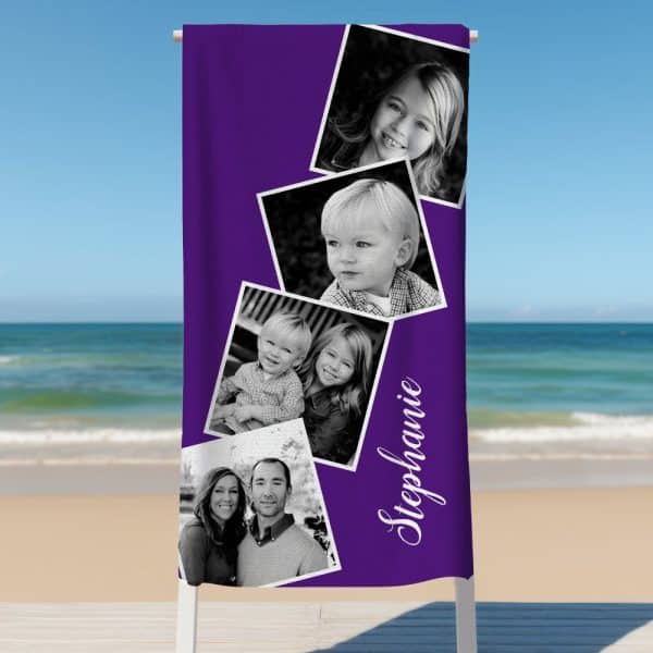 Purple Beach Towel With A Collage Of Black And White Family Photos And The Name Stephanie.