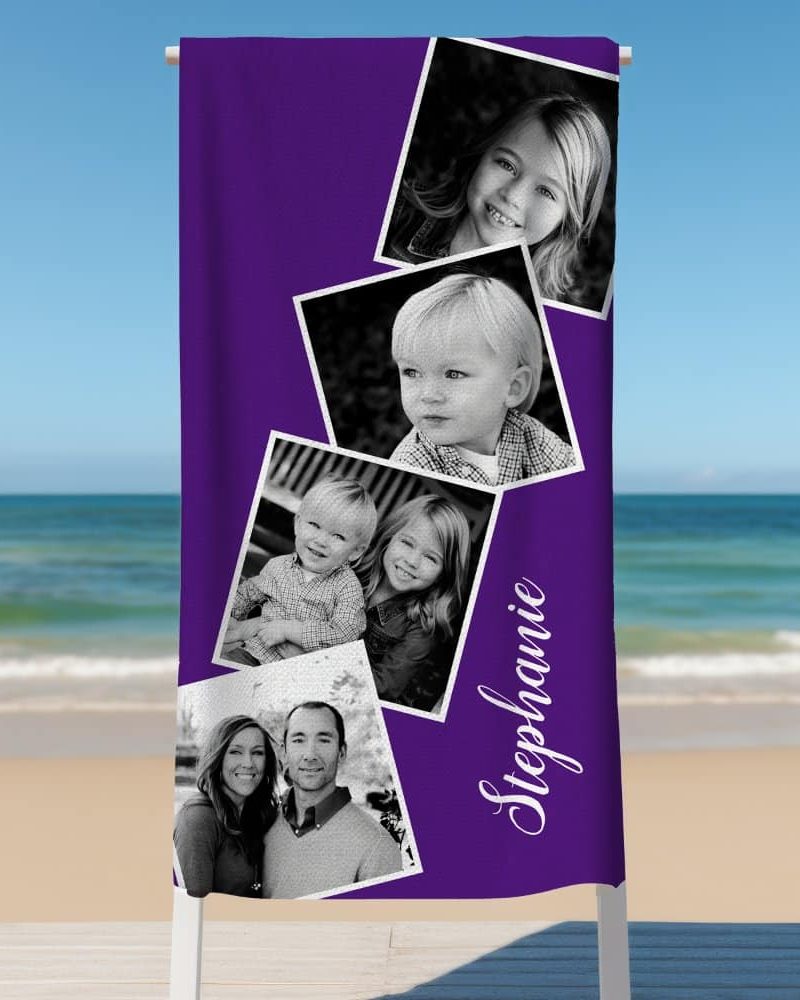 Purple beach towel with a collage of black and white family photos and the name Stephanie.