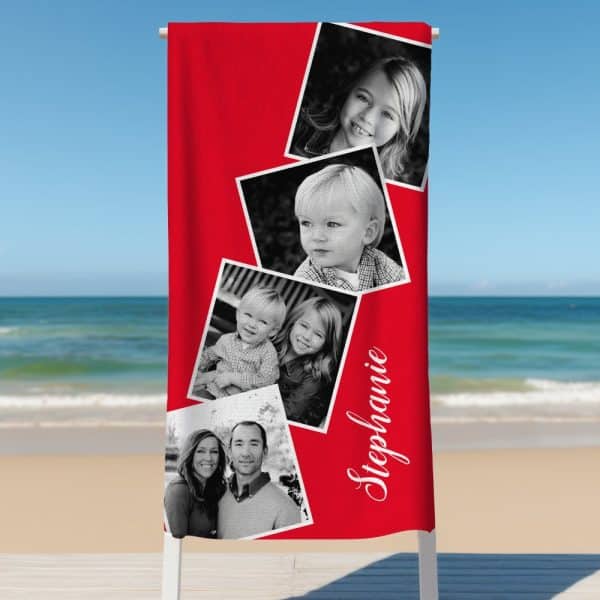 Red Beach Towel With A Personalized Design Featuring Black And White Photos Of A Family And The Name Stephanie.
