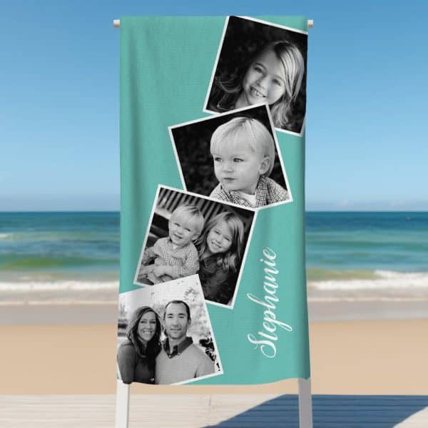 Teal Beach Towel With A Collage Of Black And White Family Photos And The Name Stephanie.