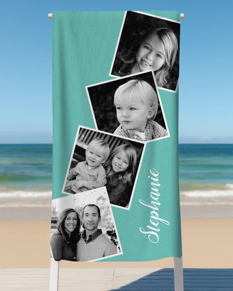 Teal beach towel with a collage of black and white family photos and the name Stephanie.
