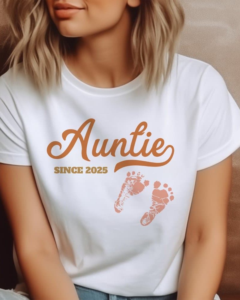 White t-shirt with Auntie since 2025 and baby footprints.