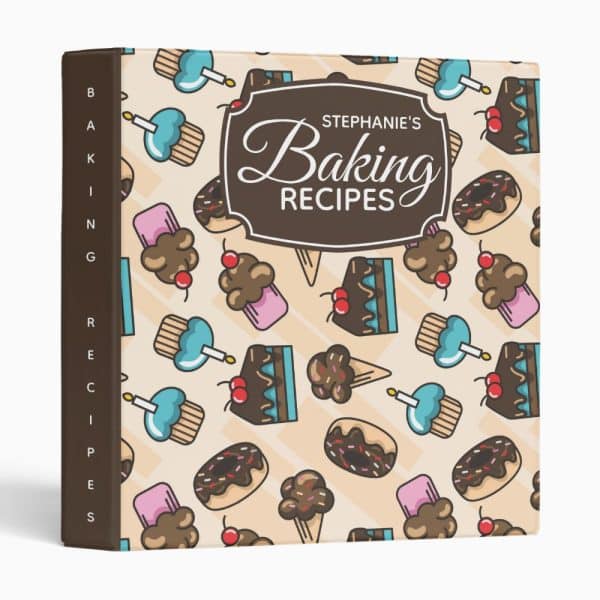 Stephannie'S Baking Recipes Binder With A Pattern Of Cupcakes, Ice Cream Cones, And Donuts.