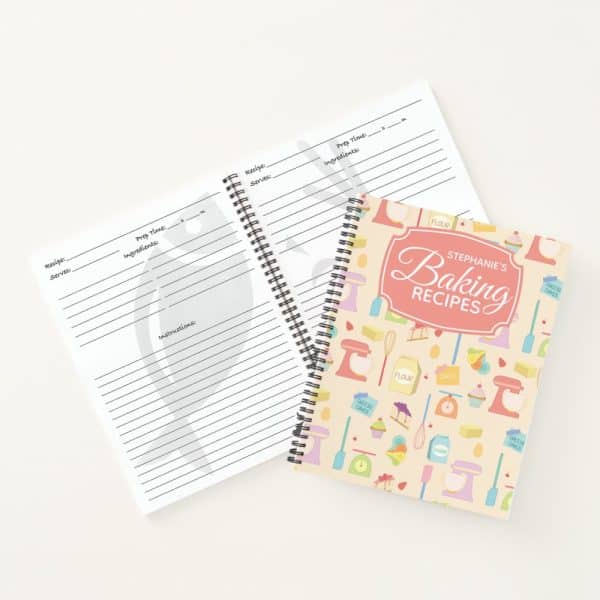 Spiral-Bound Baking Recipe Book With A Pastel Cover Featuring Baking-Themed Illustrations And The Owner'S Name. A Blank Recipe Template Is Also Shown.