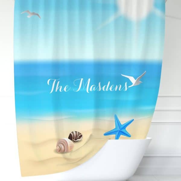 Beach-Themed Shower Curtain With The Name The Madsens, Seashells, And A Starfish.