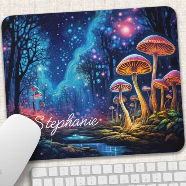 Personalized Mousepad Featuring A Vibrant Illustration Of Glowing Mushrooms In A Whimsical Forest.
