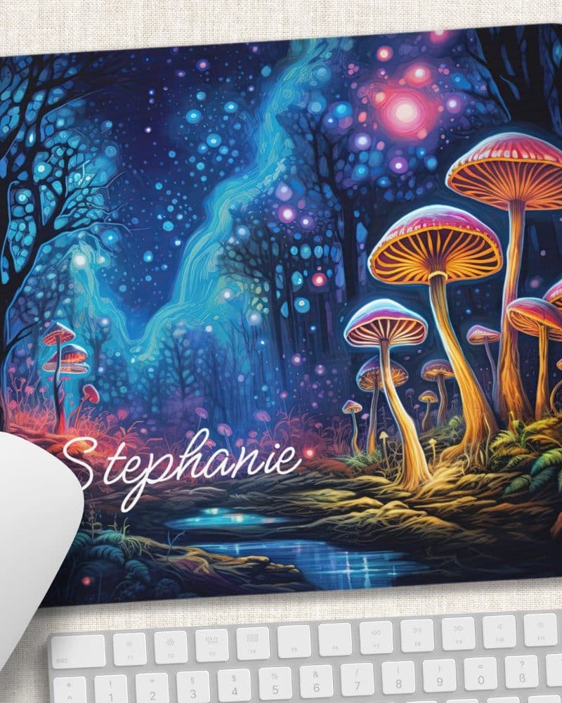 Personalized mousepad featuring a vibrant illustration of glowing mushrooms in a whimsical forest.