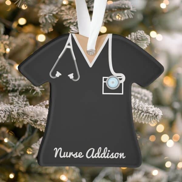 Black Nurse Scrubs Ornament With Stethoscope And Name Addison.