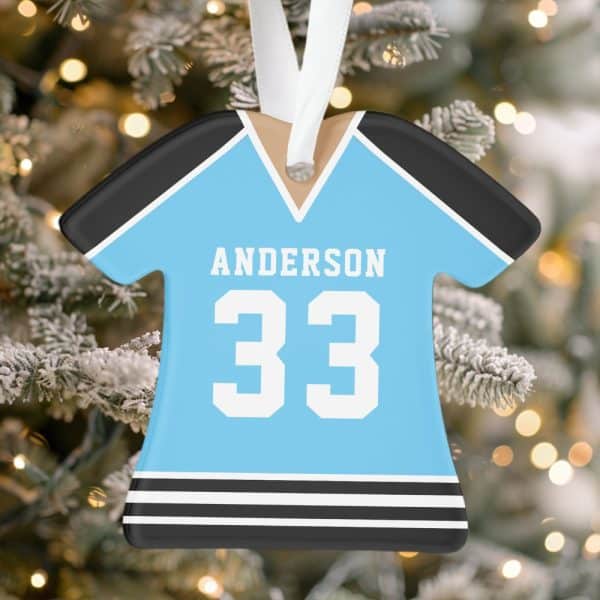 Light Blue Jersey-Shaped Christmas Ornament With The Name Anderson And Number 33.