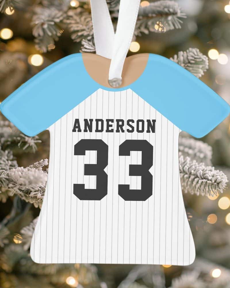Baseball jersey-shaped Christmas ornament with the name Anderson and number 33.