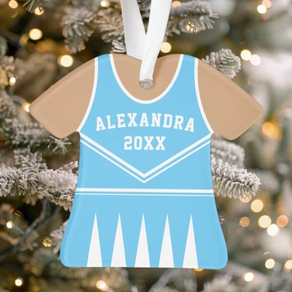 Light Blue And Tan Cheerleader Uniform-Shaped Christmas Ornament With The Name Alexandra And The Year 20Xx.